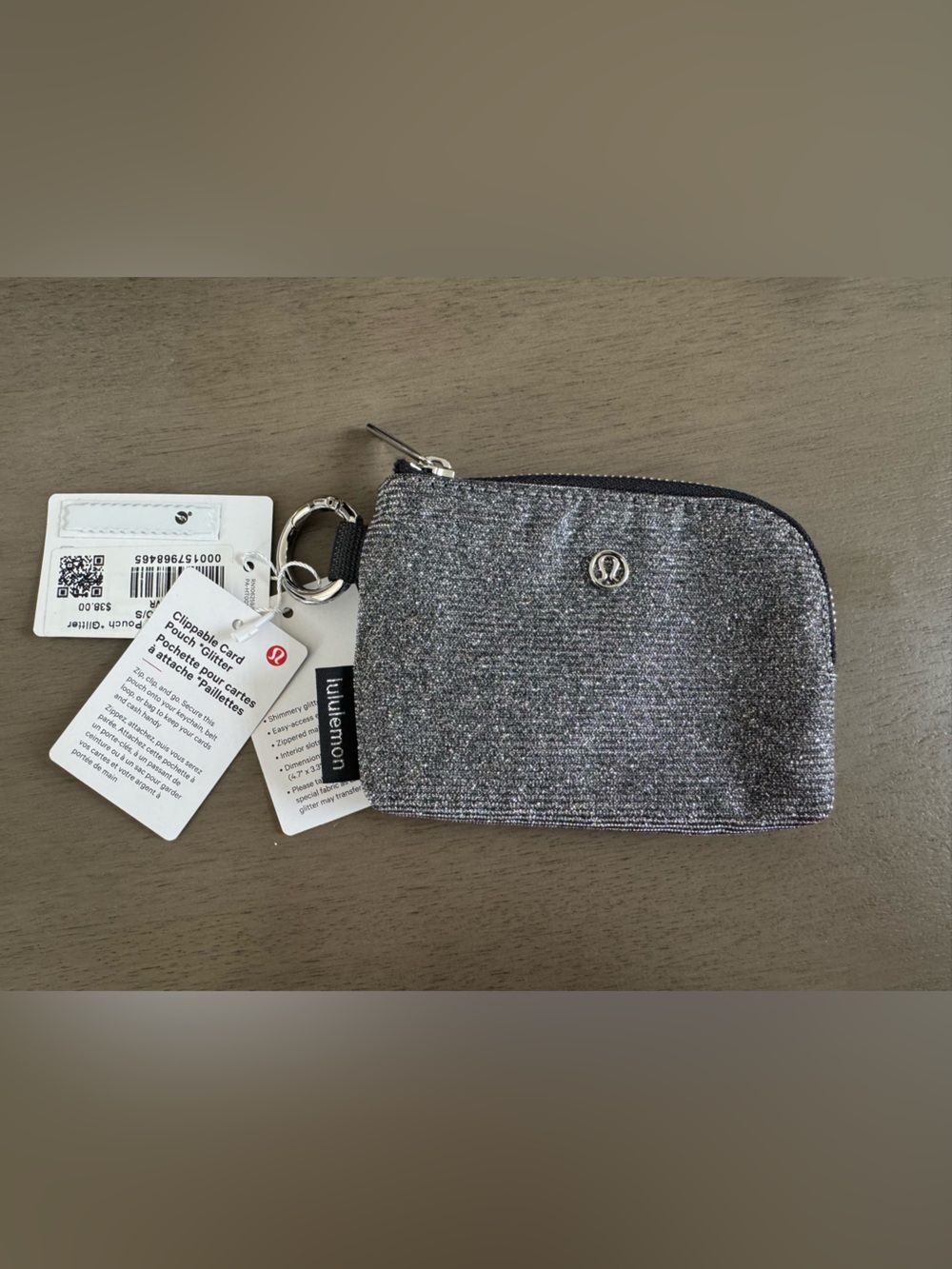 Lululemon Metallic Silver Glitter clippable card pouch
